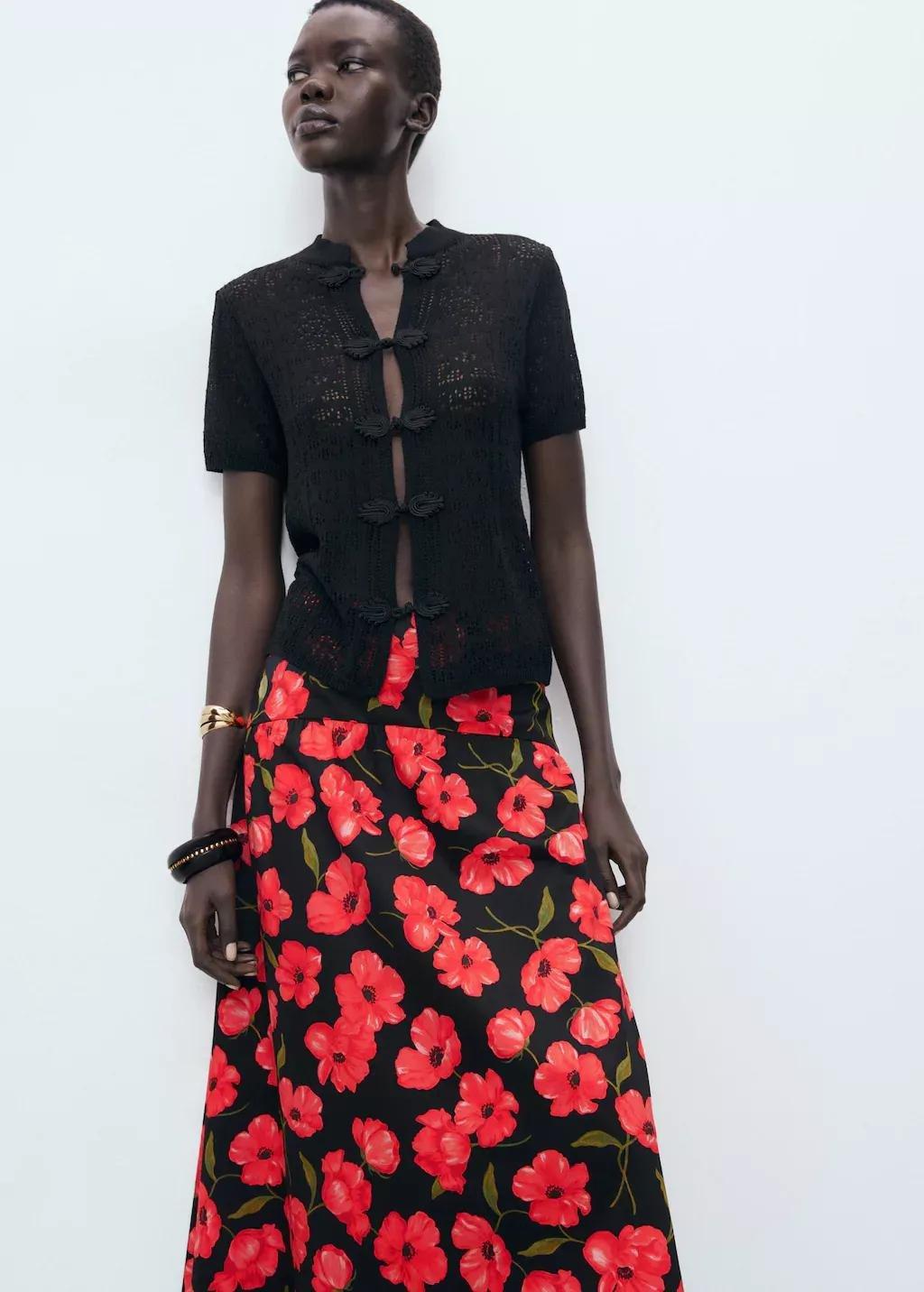 Black Floral-Print Flared Skirt, Black, large image number 2