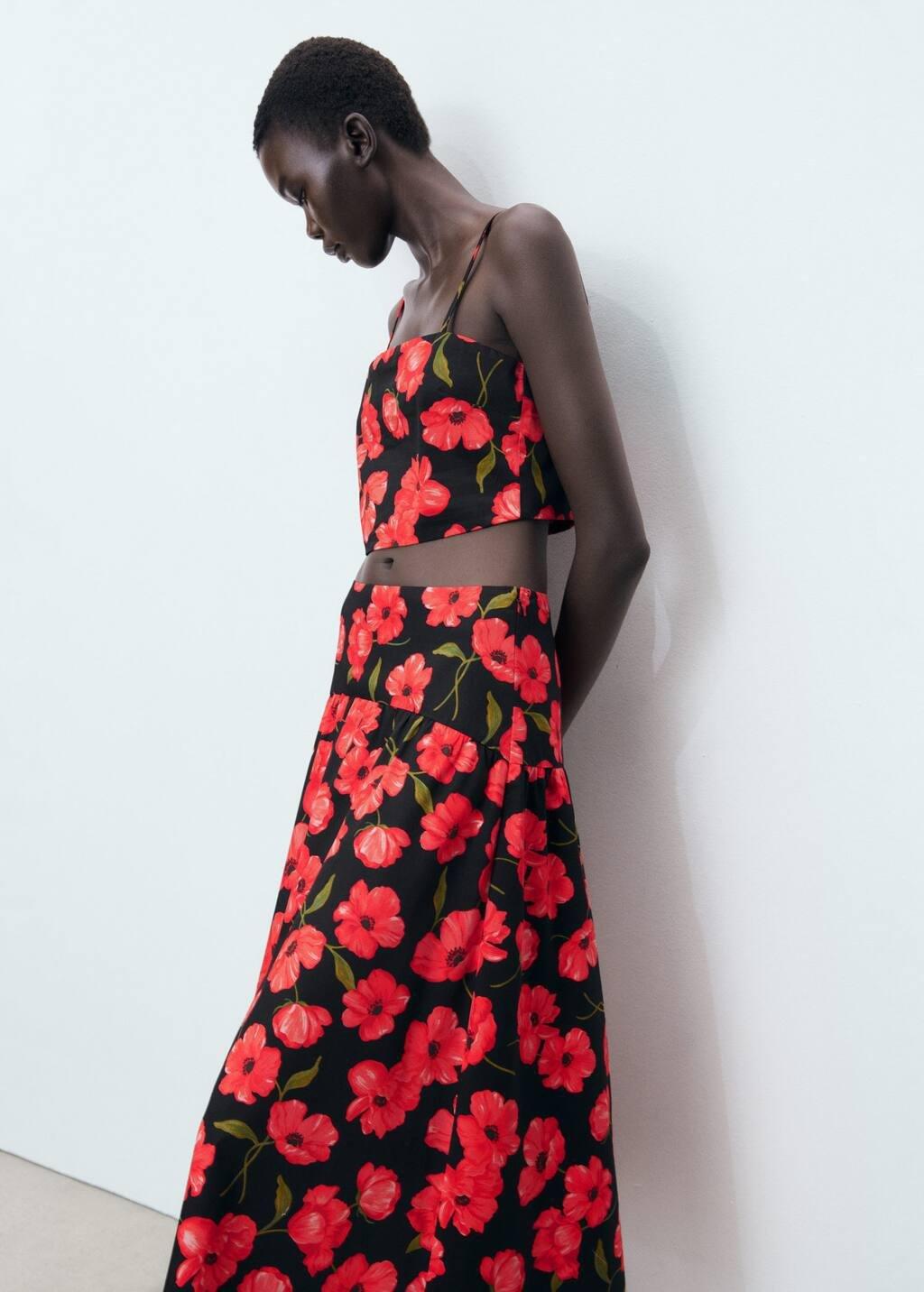 Black Floral-Print Flared Skirt, Black, large image number 5