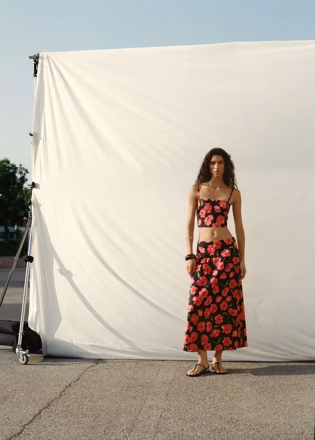 Black Floral-Print Flared Skirt, Black, large image number 6