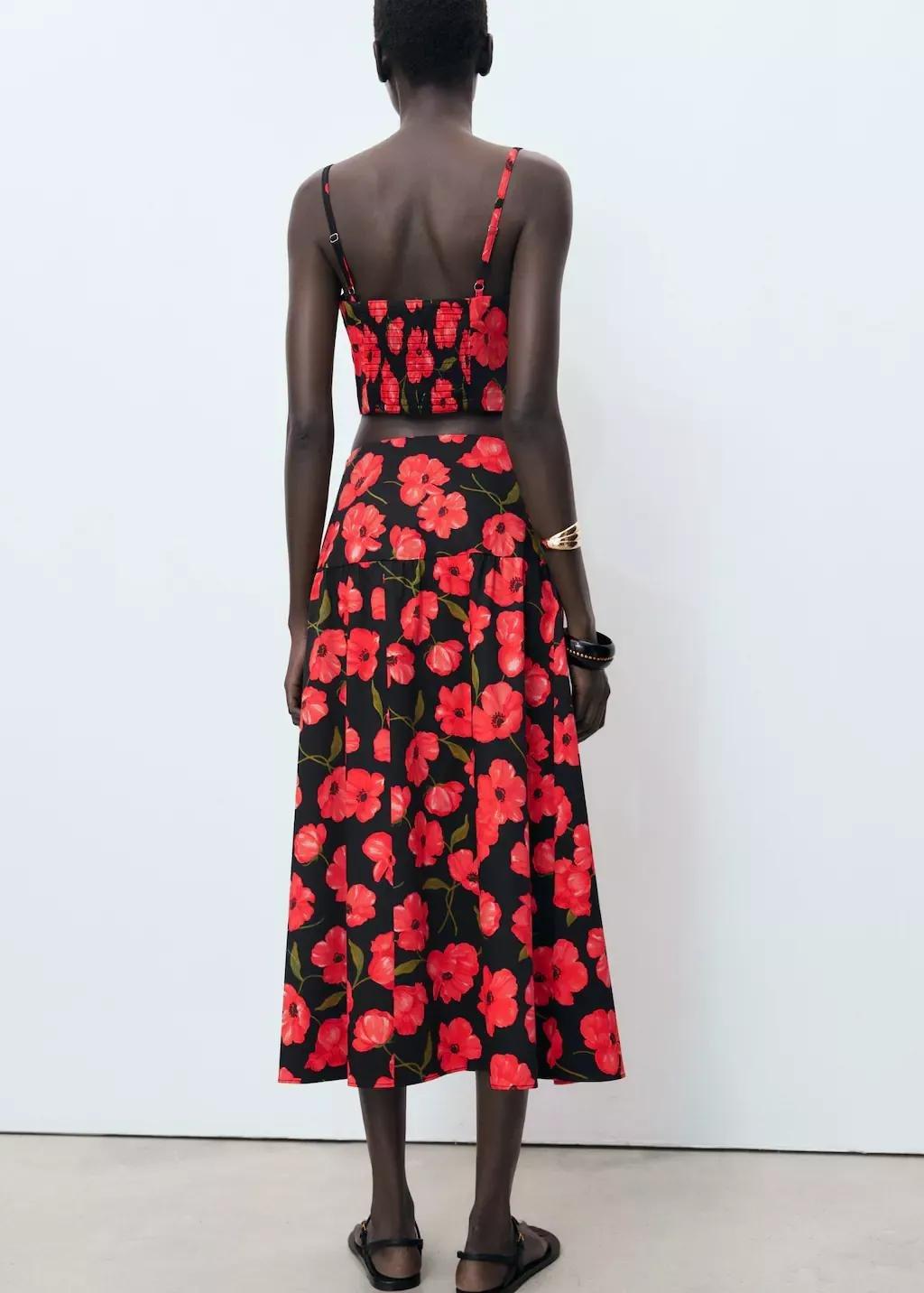 Black Floral-Print Flared Skirt, Black, large image number 7