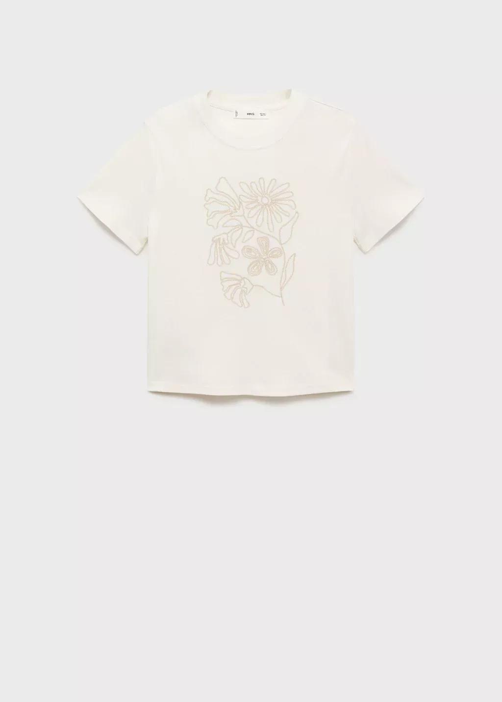 NATURAL WHITE Floral-embroidered cotton t-shirt, Natural White, medium