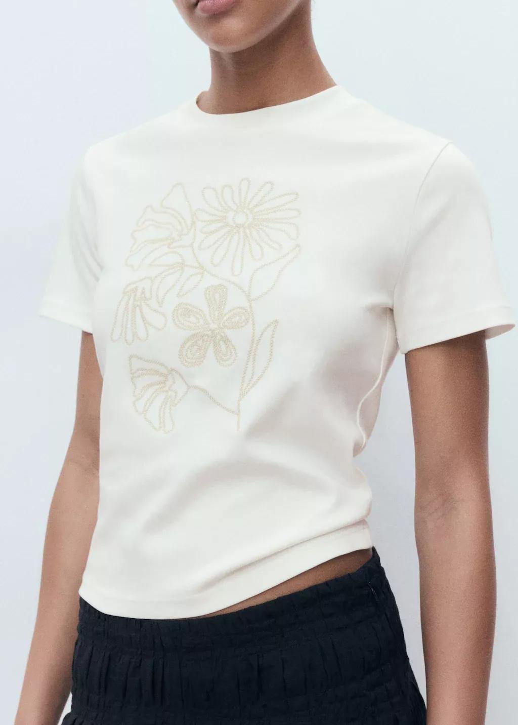NATURAL WHITE Floral-embroidered cotton t-shirt, Natural White, medium
