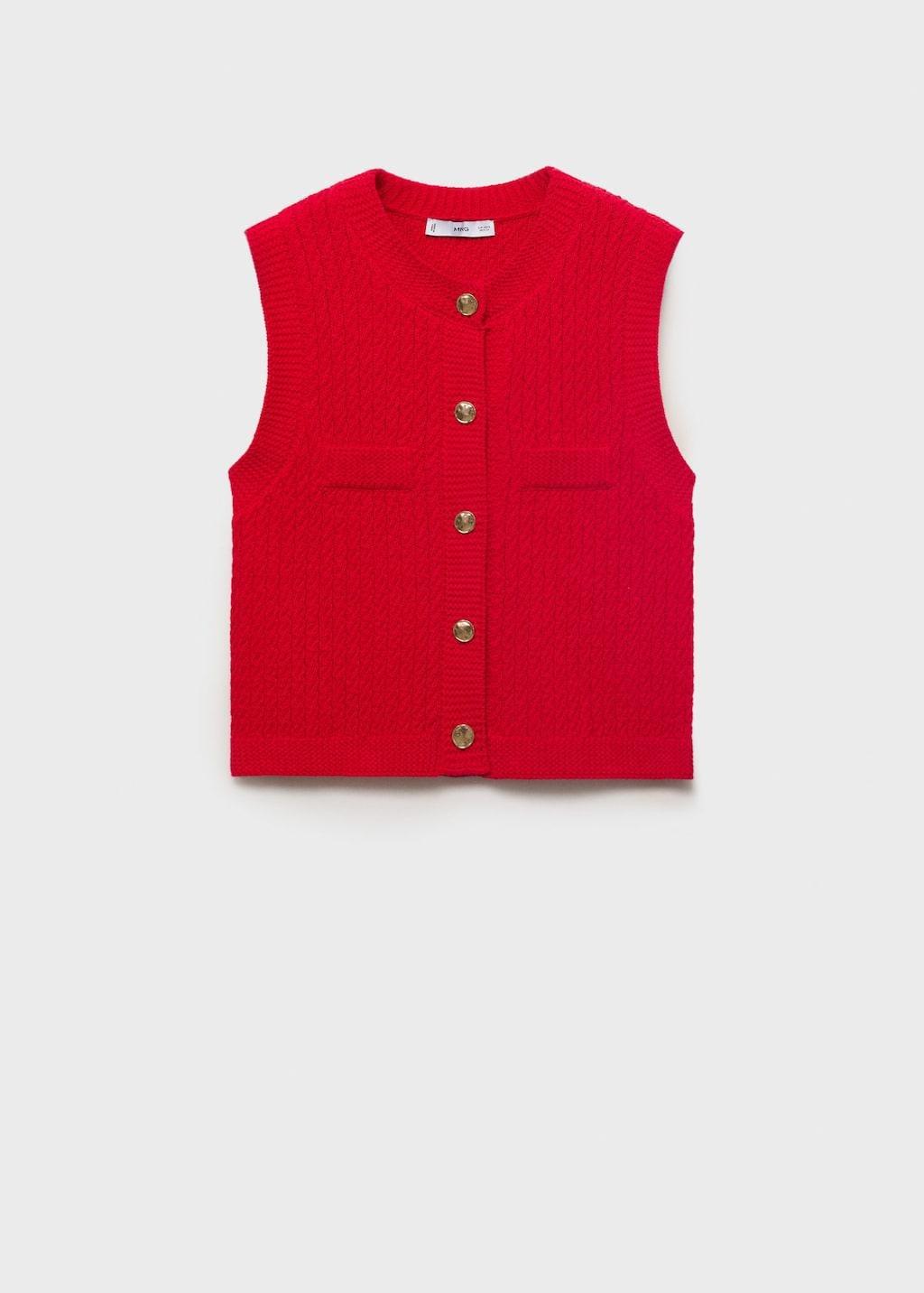 Red Chunky-Knit Waistcoat With Buttons, Red, medium