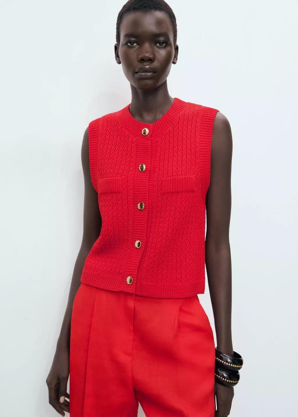 Red Chunky-Knit Waistcoat With Buttons, Red, medium