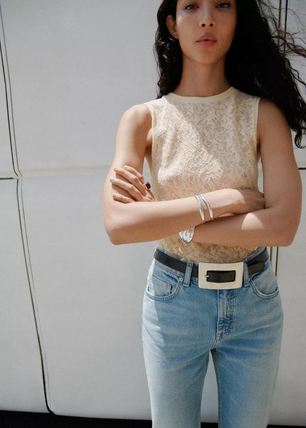 LIGHT BEIGE Openwork knit top, 0201_05, medium