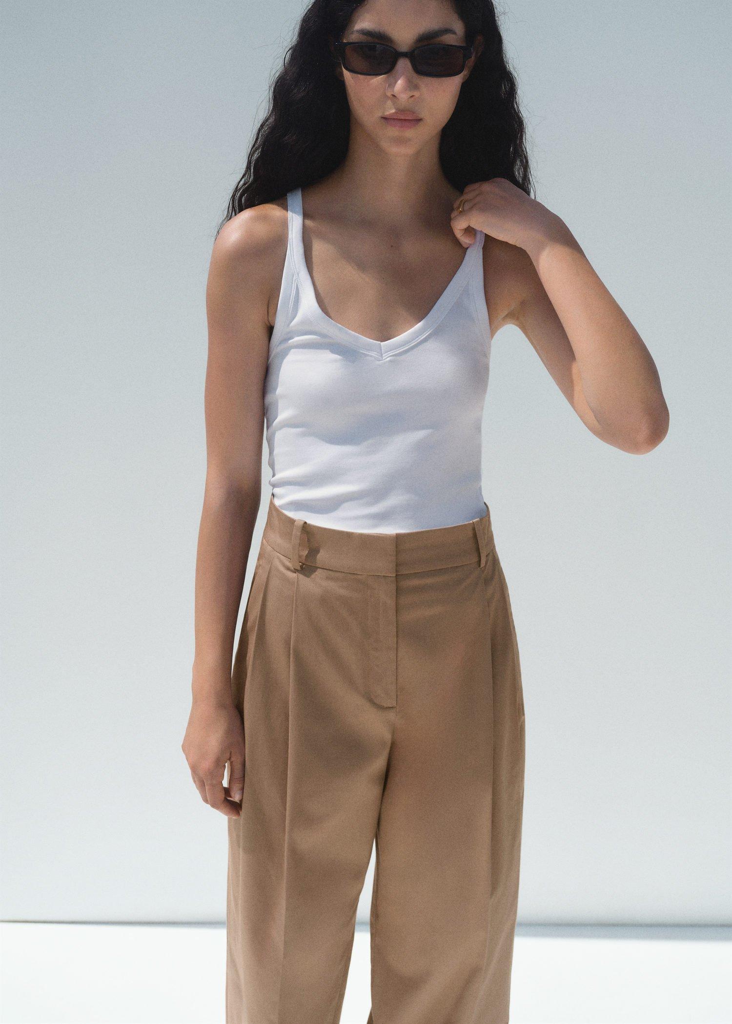 Beige Straight Cotton Trousers With Pleats, Light Beige, large image number 0