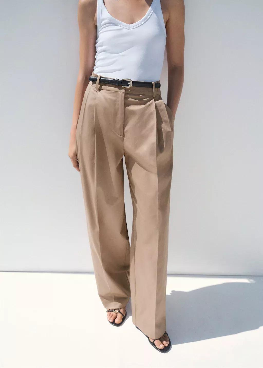 Beige Straight Cotton Trousers With Pleats, Light Beige, large image number 1