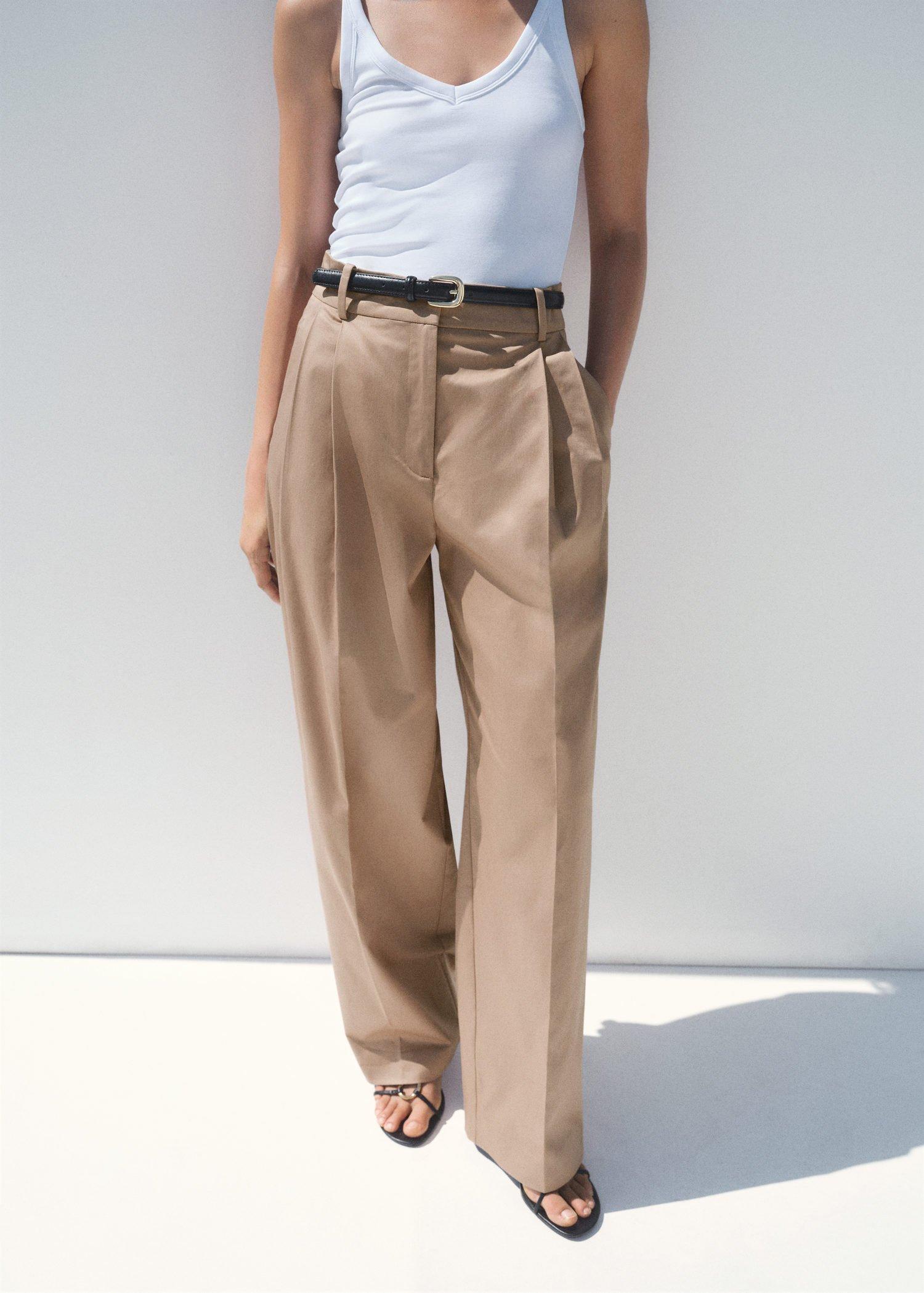 Beige Straight Cotton Trousers With Pleats, Light Beige, large image number 6