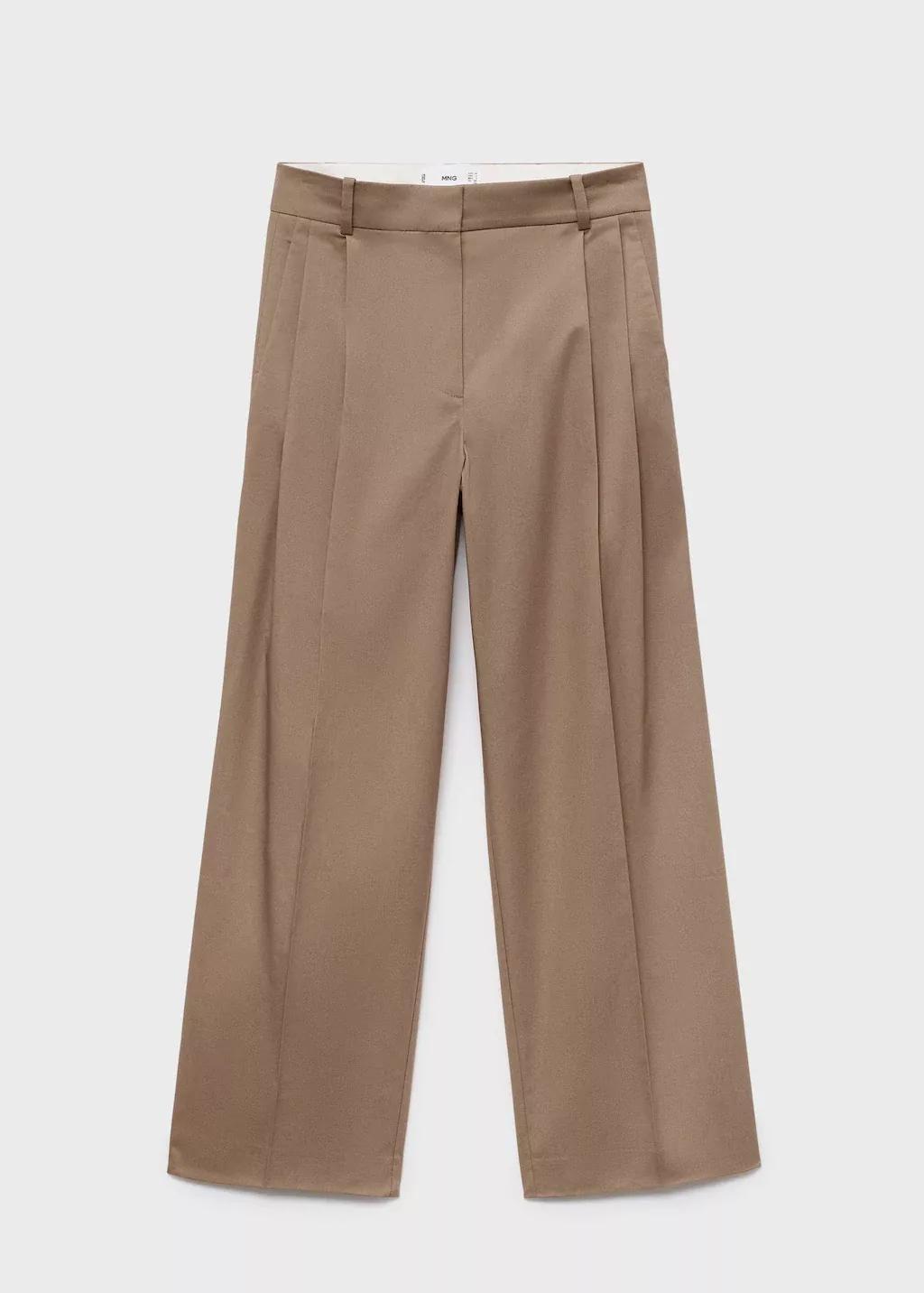 Beige Straight Cotton Trousers With Pleats, Light Beige, large image number 7
