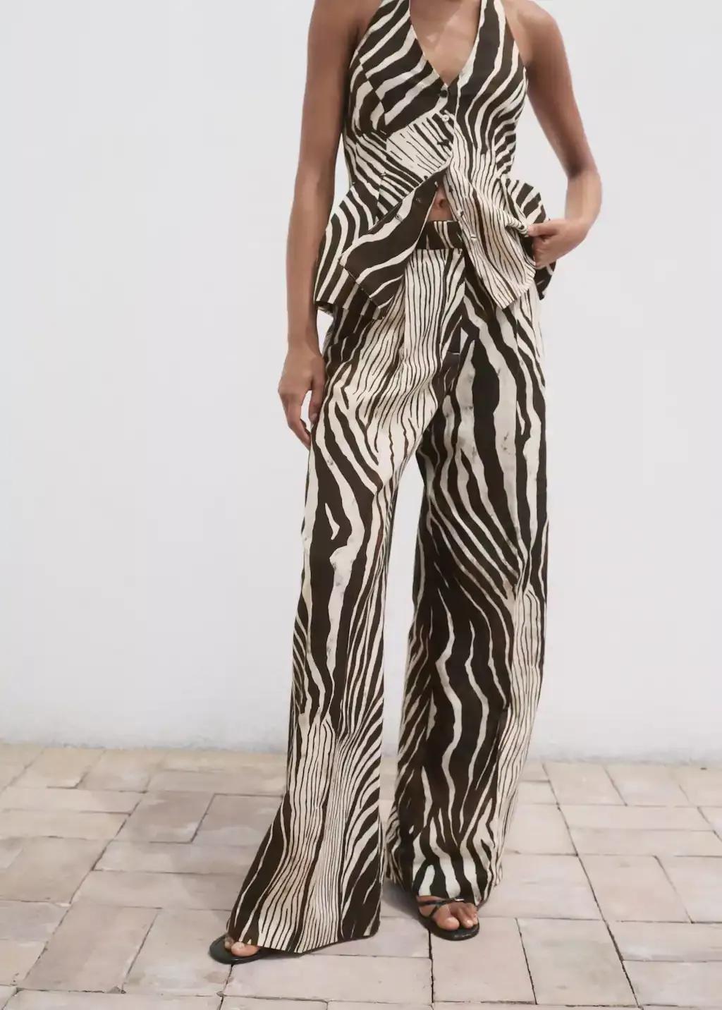 Brown Zebra-Print Linen Trousers, , large image number 1