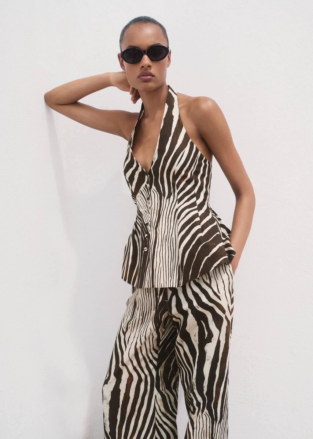 Brown Zebra-Print Linen Trousers, , large image number 2