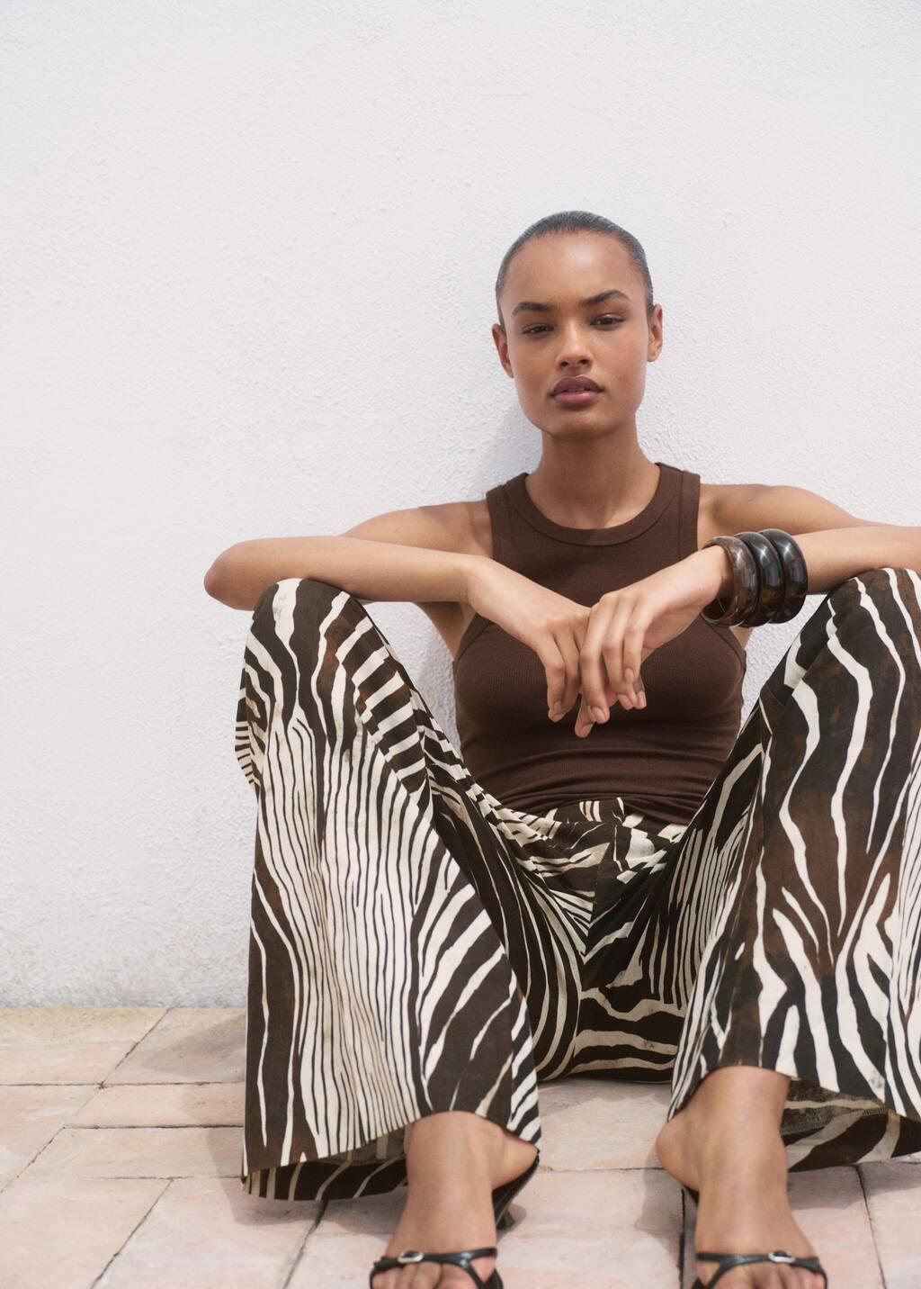 Brown Zebra-Print Linen Trousers, , large image number 5