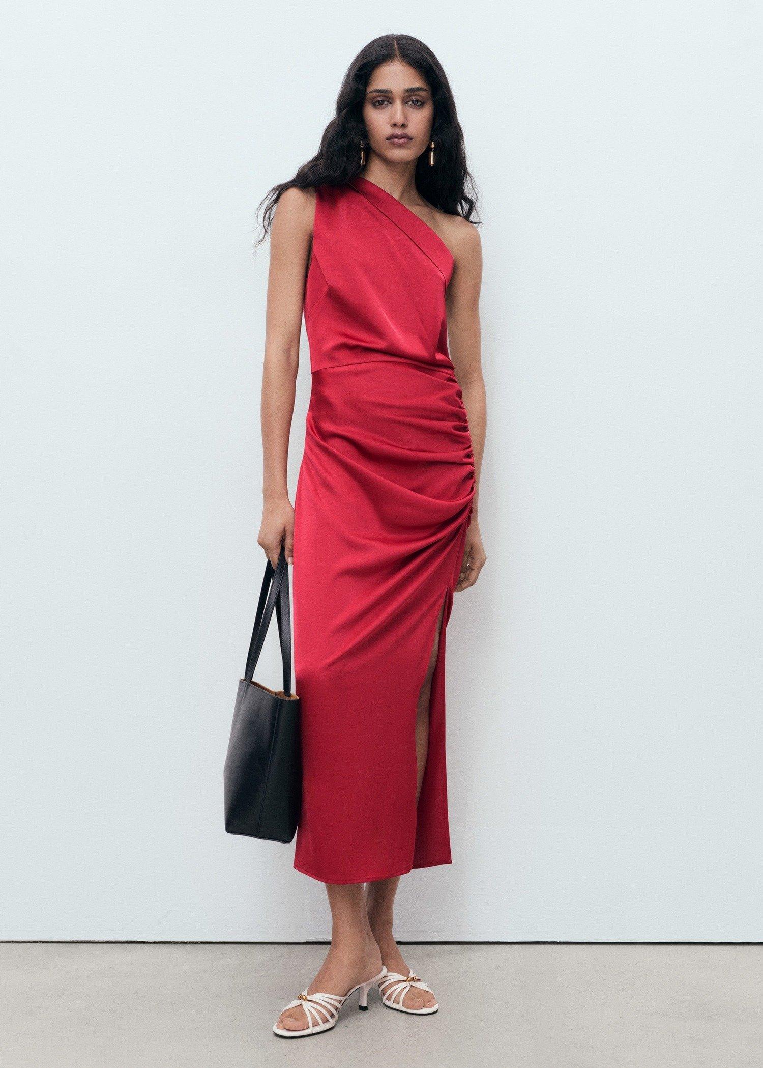 Red Asymmetrical satin dress with side slits, Dark Red, large image number 2