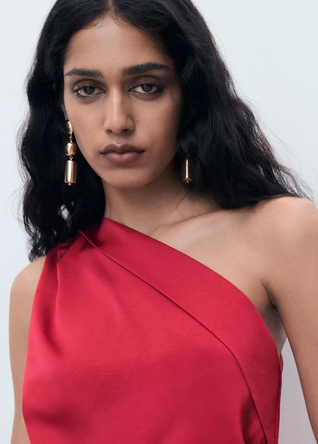 Red Asymmetrical satin dress with side slits, Dark Red, large image number 3