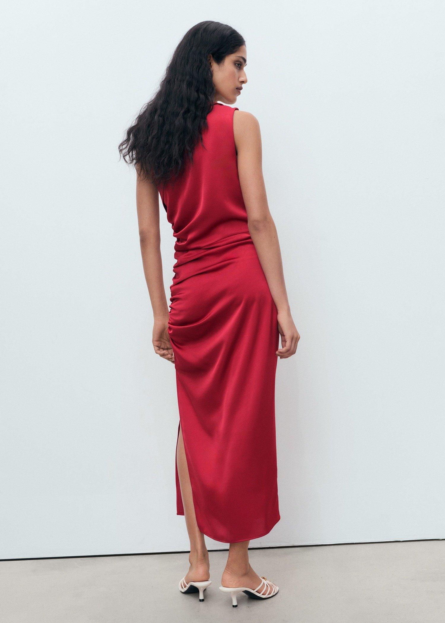 Red Asymmetrical satin dress with side slits, Dark Red, large image number 4