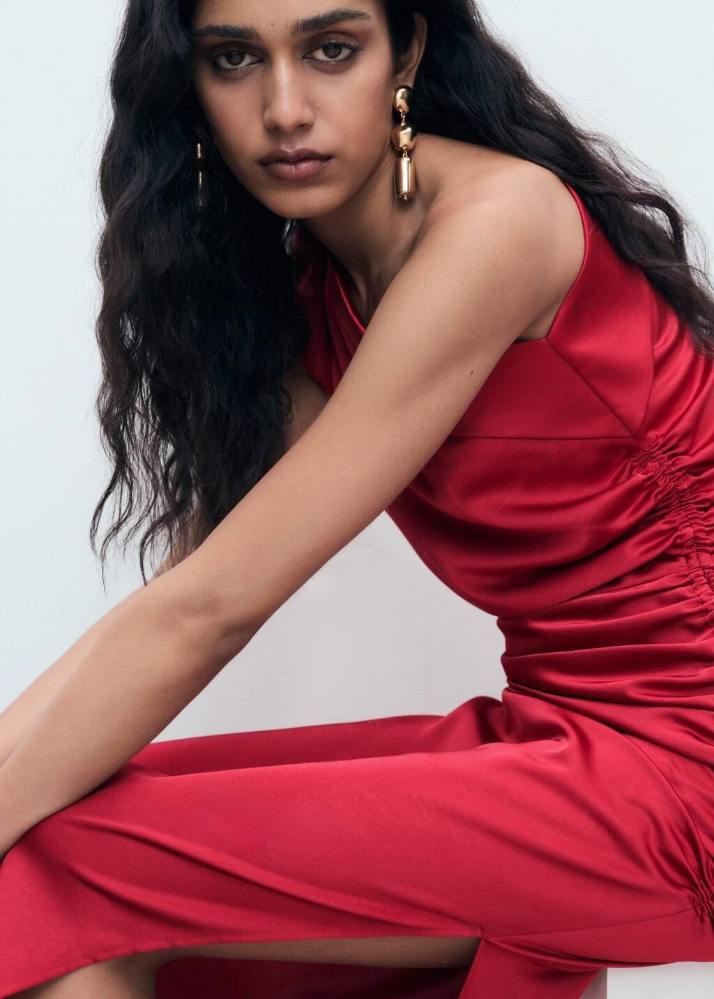 Red Asymmetrical satin dress with side slits, Dark Red, large image number 5