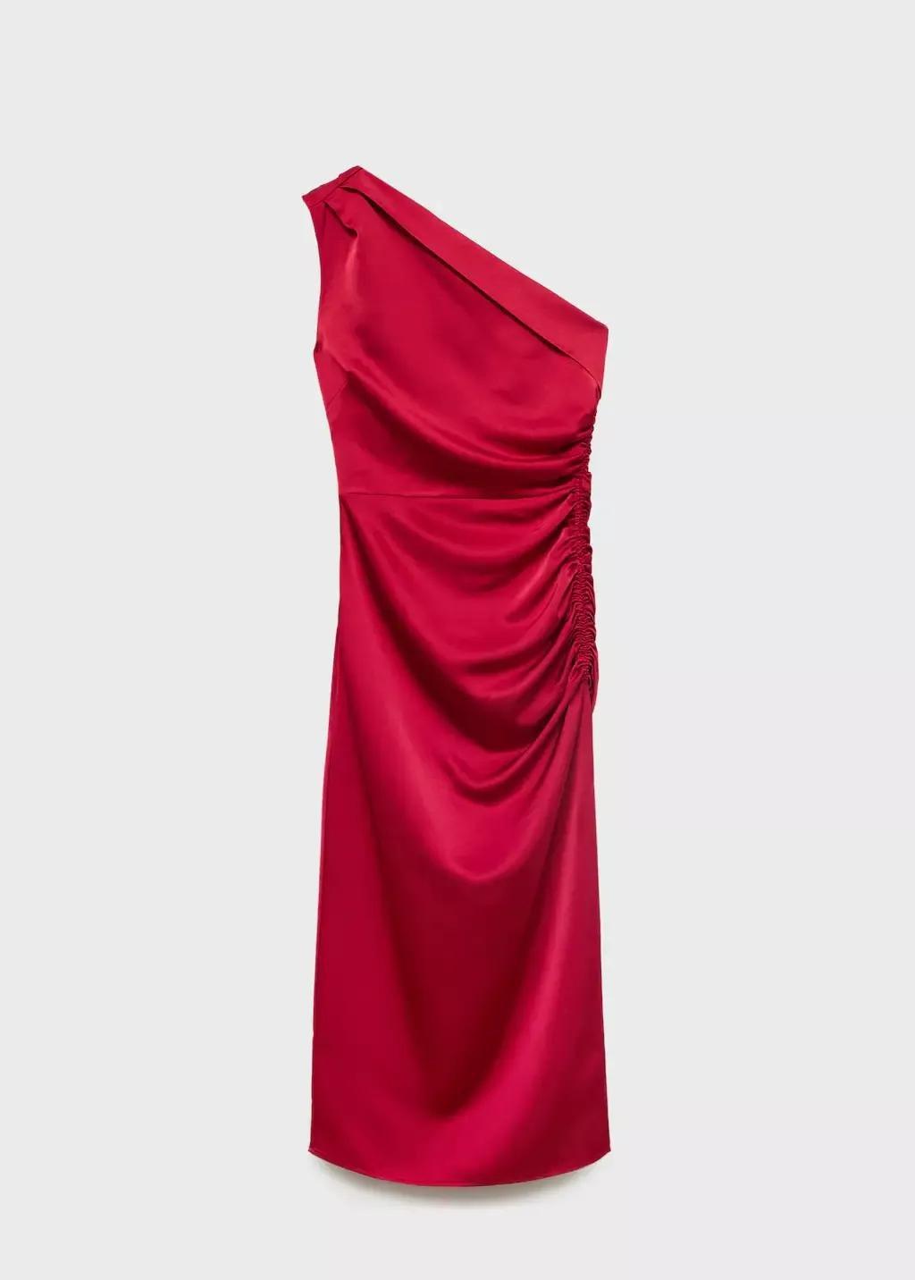 Red Asymmetrical satin dress with side slits, Dark Red, large image number 7