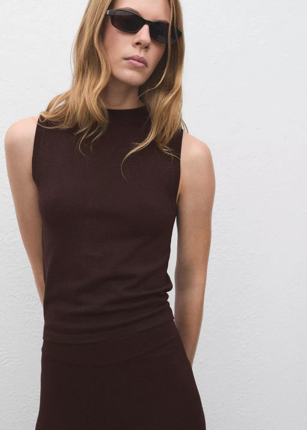 Brown Fine-Knit Top, Dark Brown, large image number 1