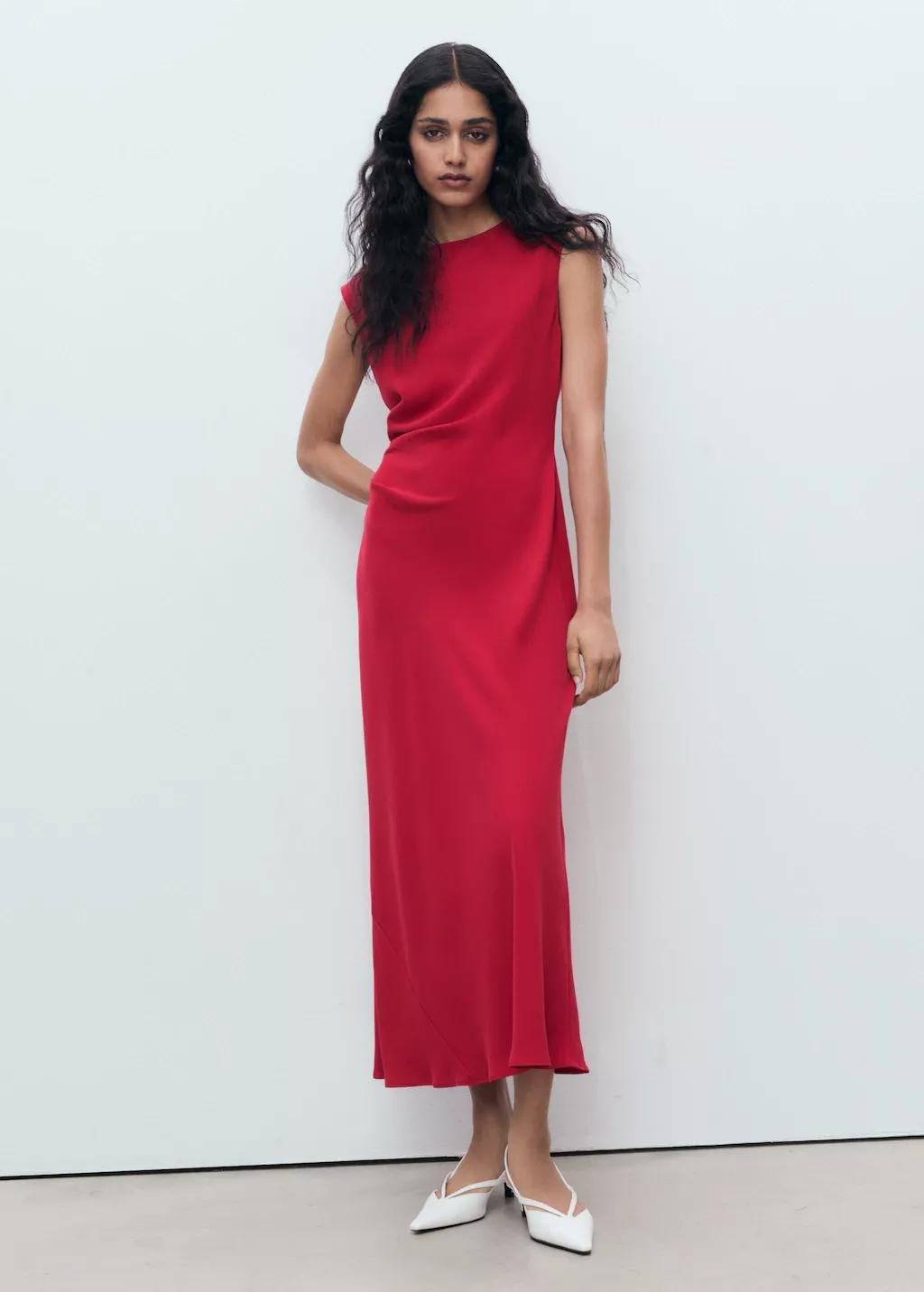 Red Ruched Midi Dress, , large image number 0
