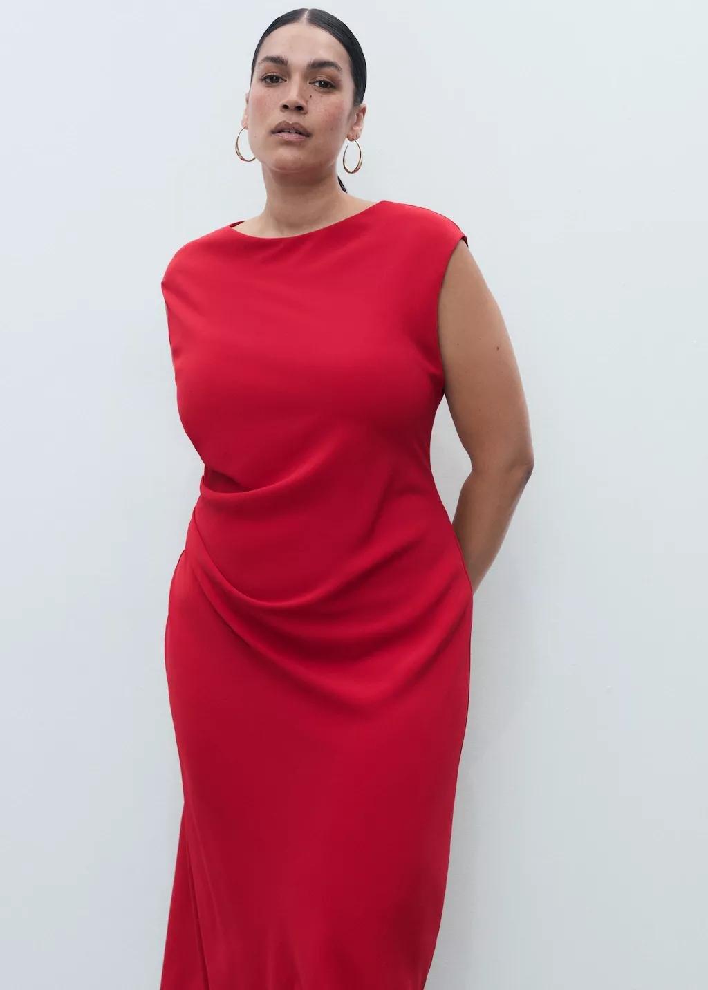 Red Ruched Midi Dress, , large image number 6