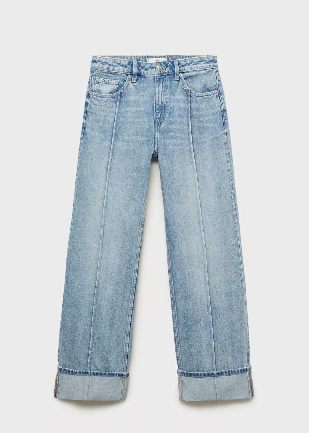Blue Wide Leg Jeans With Turned-Up Hem, , large image number 0