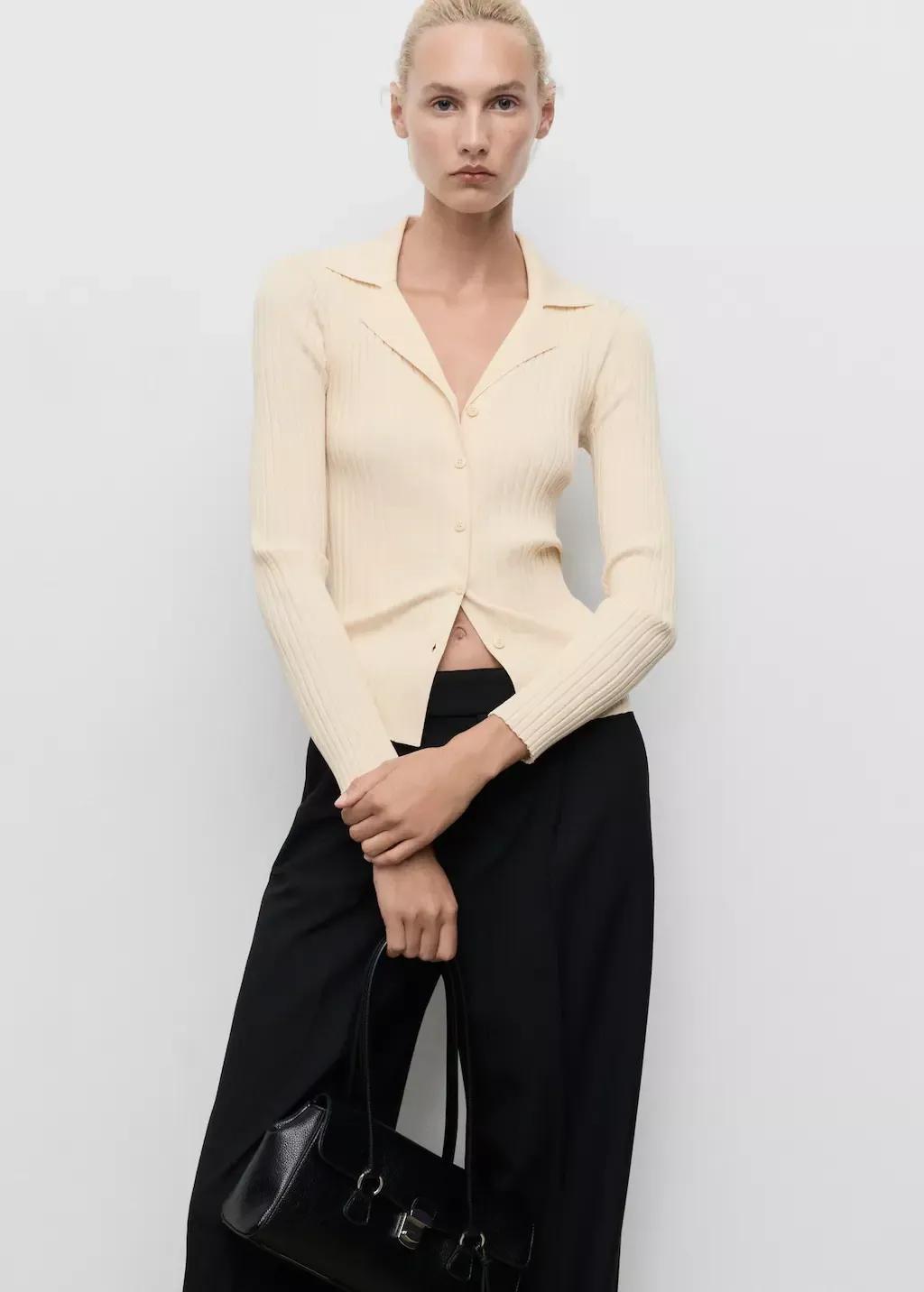 Beige Ribbed Lapel Cardigan, 0201_05, large image number 1