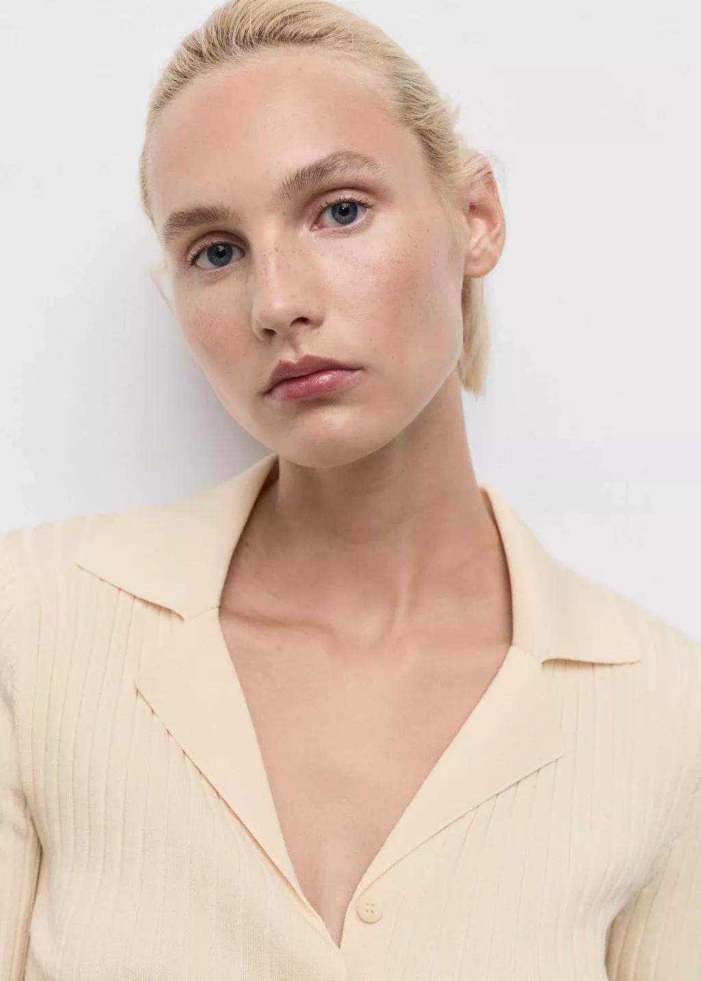 Beige Ribbed Lapel Cardigan, Light Beige, large image number 3