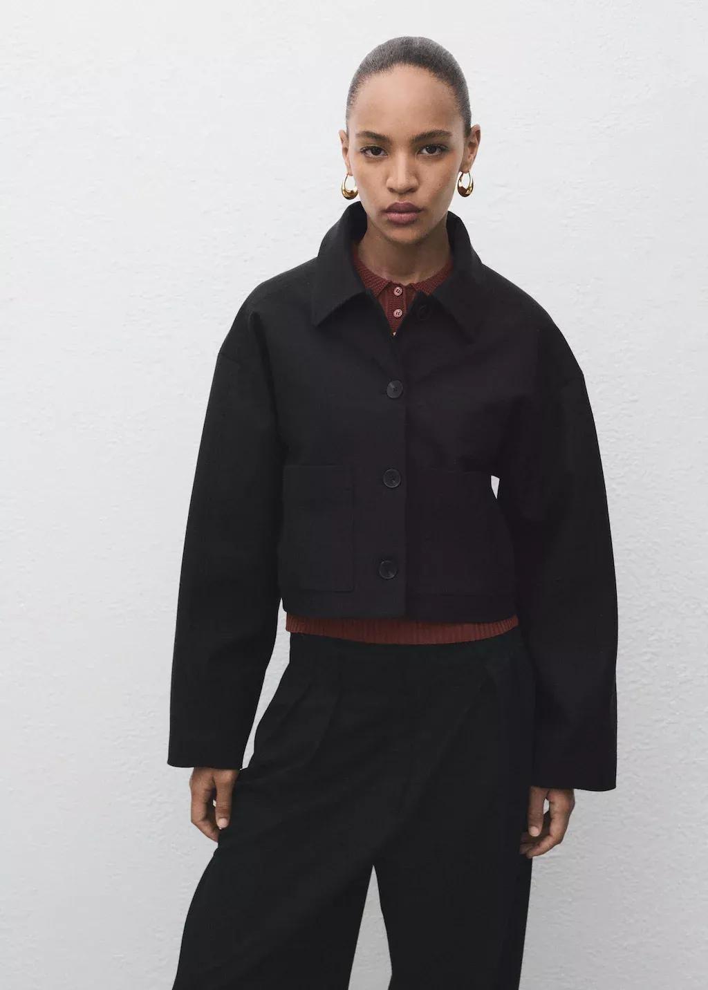 Black Cropped Jacket With Pockets, Black, large image number 0