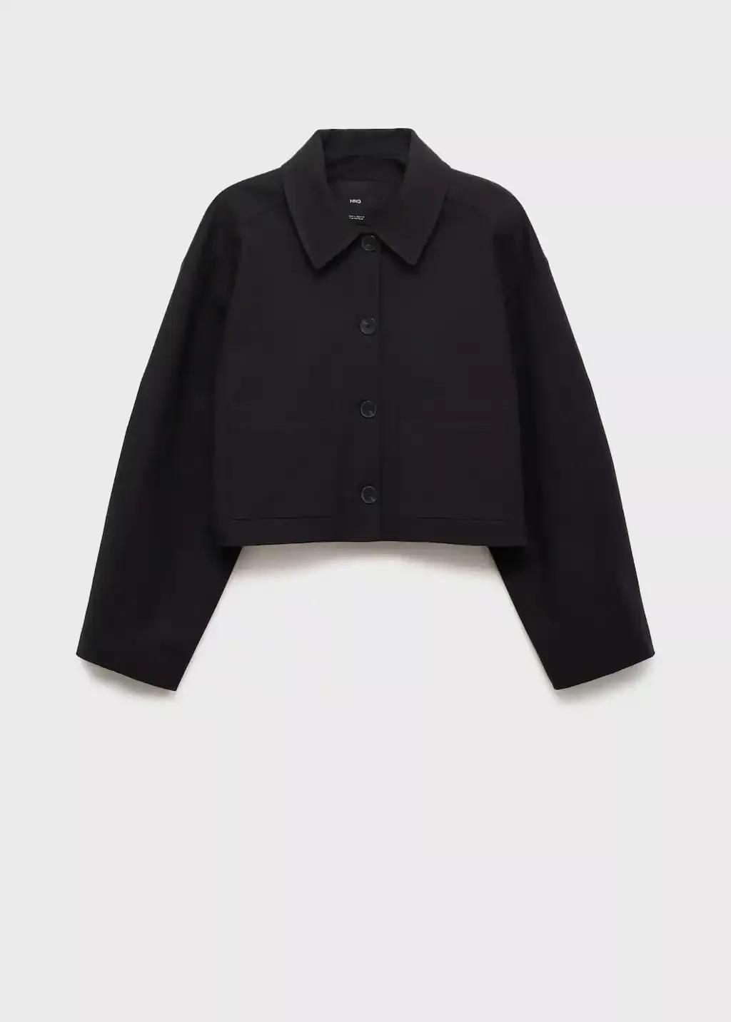Black Cropped Jacket With Pockets, Black, large image number 3