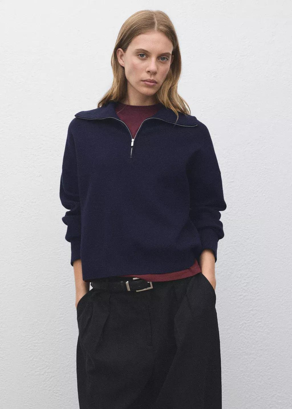 Navy Knitted Sweater With Zip Collar, Navy, medium