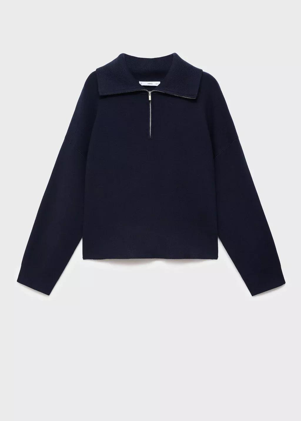 Navy Knitted Sweater With Zip Collar, Navy, large image number 3