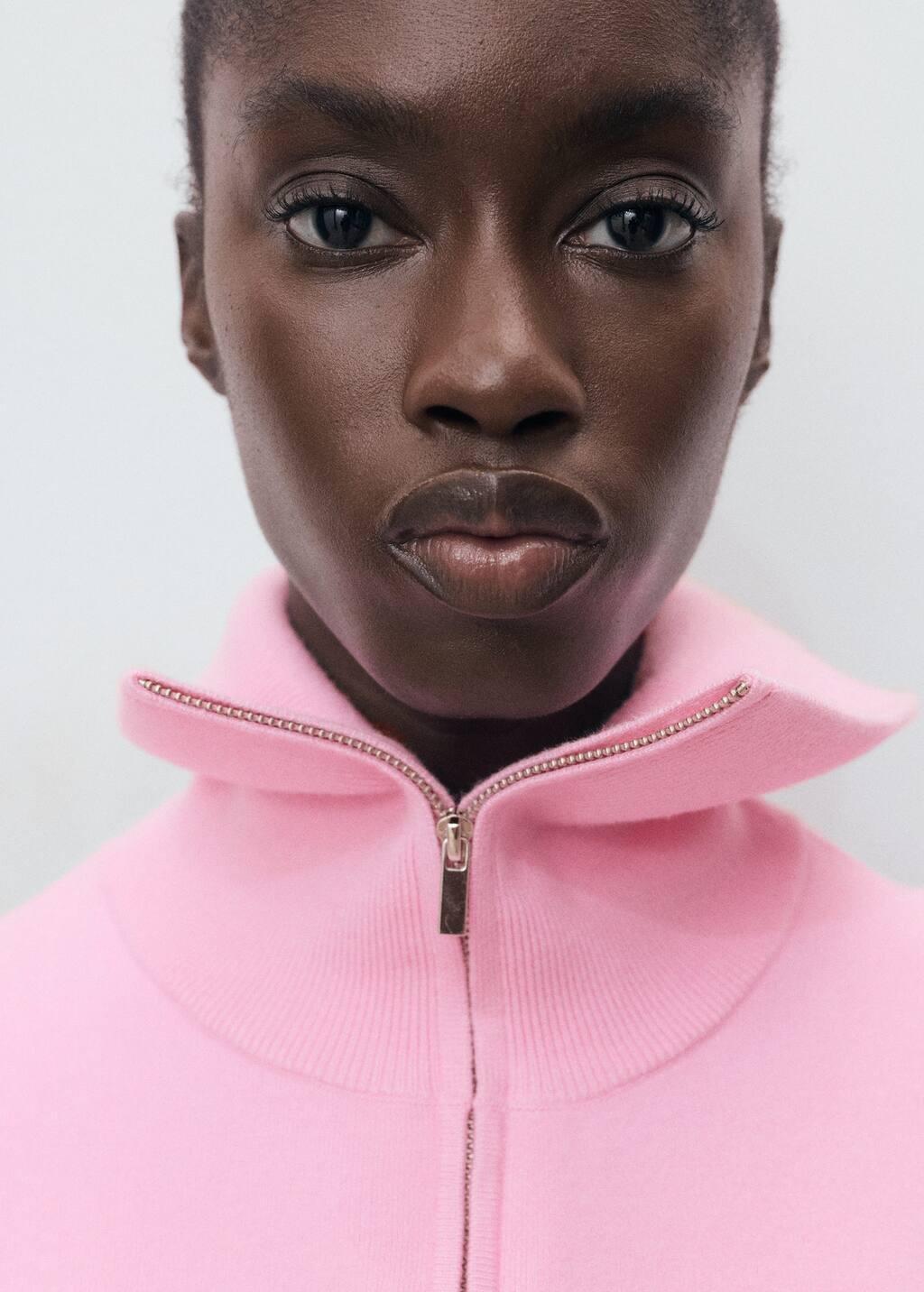Pink Knitted Sweater With Zip Collar, Light-Pastel Pink, large image number 1