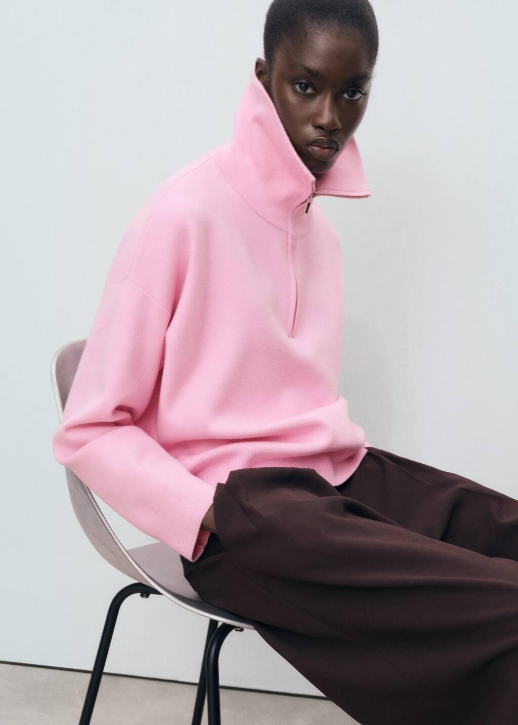 Pink Knitted Sweater With Zip Collar, Light-Pastel Pink, large image number 2