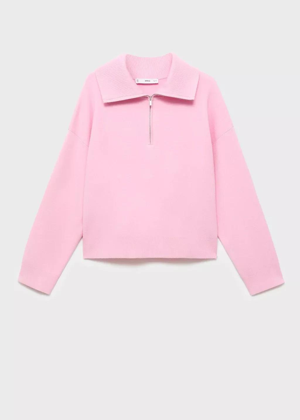 Pink Knitted Sweater With Zip Collar, Light-Pastel Pink, large image number 3