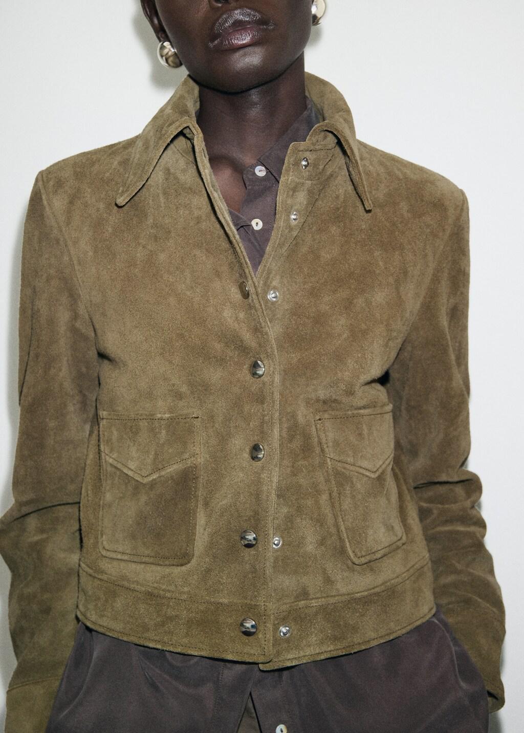 Khaki Suede Leather Jacket With Buttons, Beige - Khaki, large image number 6