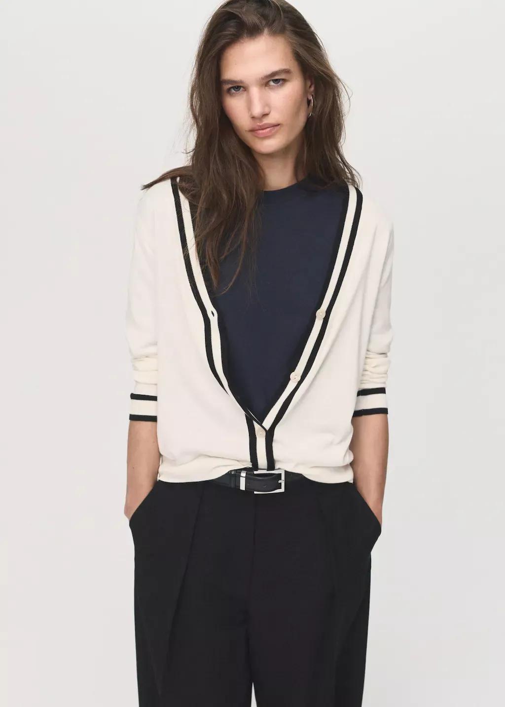 Beige Cardigan With Contrasting Stripes, , large image number 0