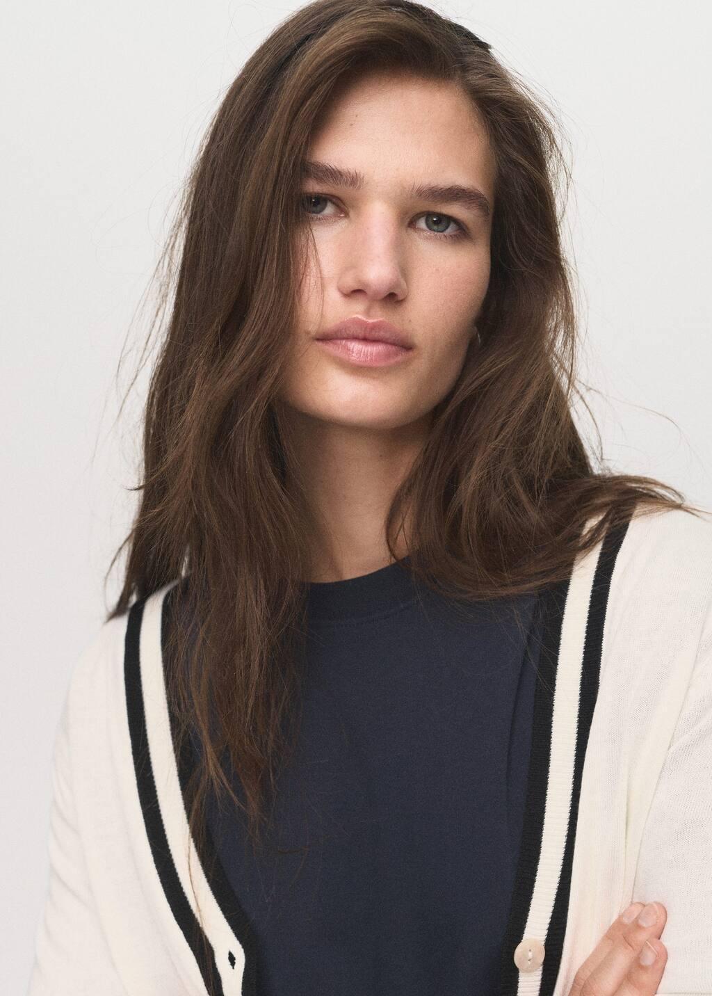 Beige Cardigan With Contrasting Stripes, 0201_05, large image number 1