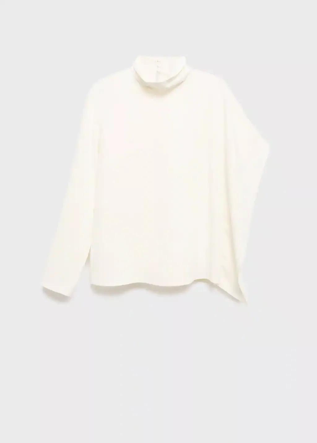 White High-Neck Blouse With Asymmetrical Sleeves, Natural White, medium