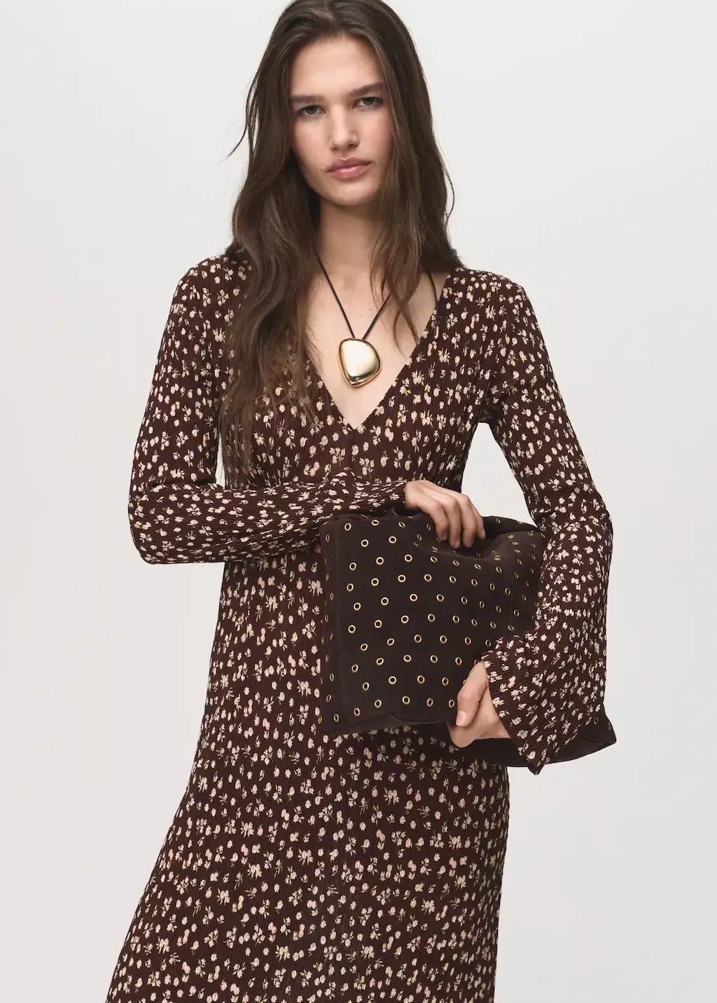 Brown Printed V-Neck Dress, Brown, medium