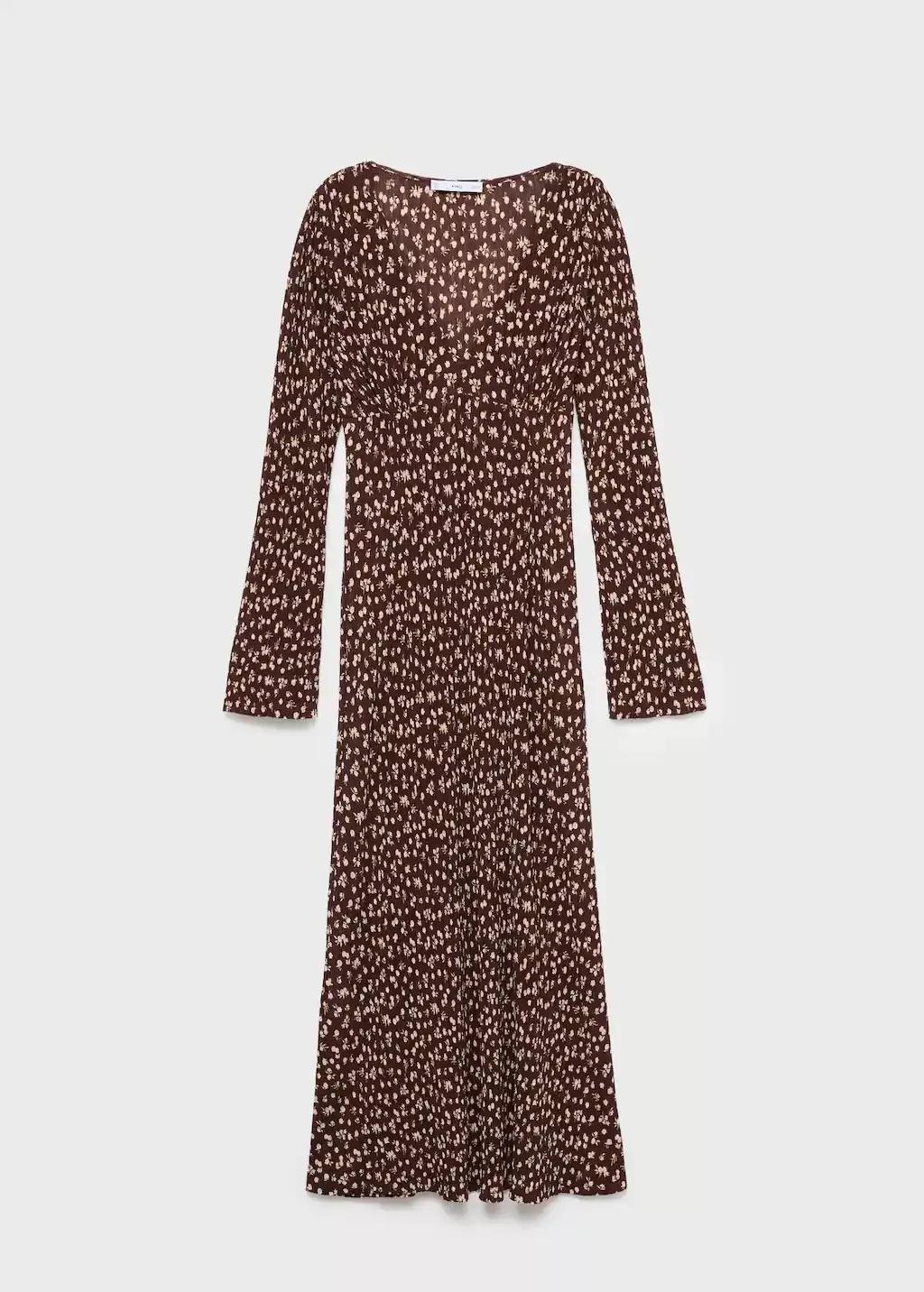 Brown Printed V-Neck Dress, Brown, large image number 3