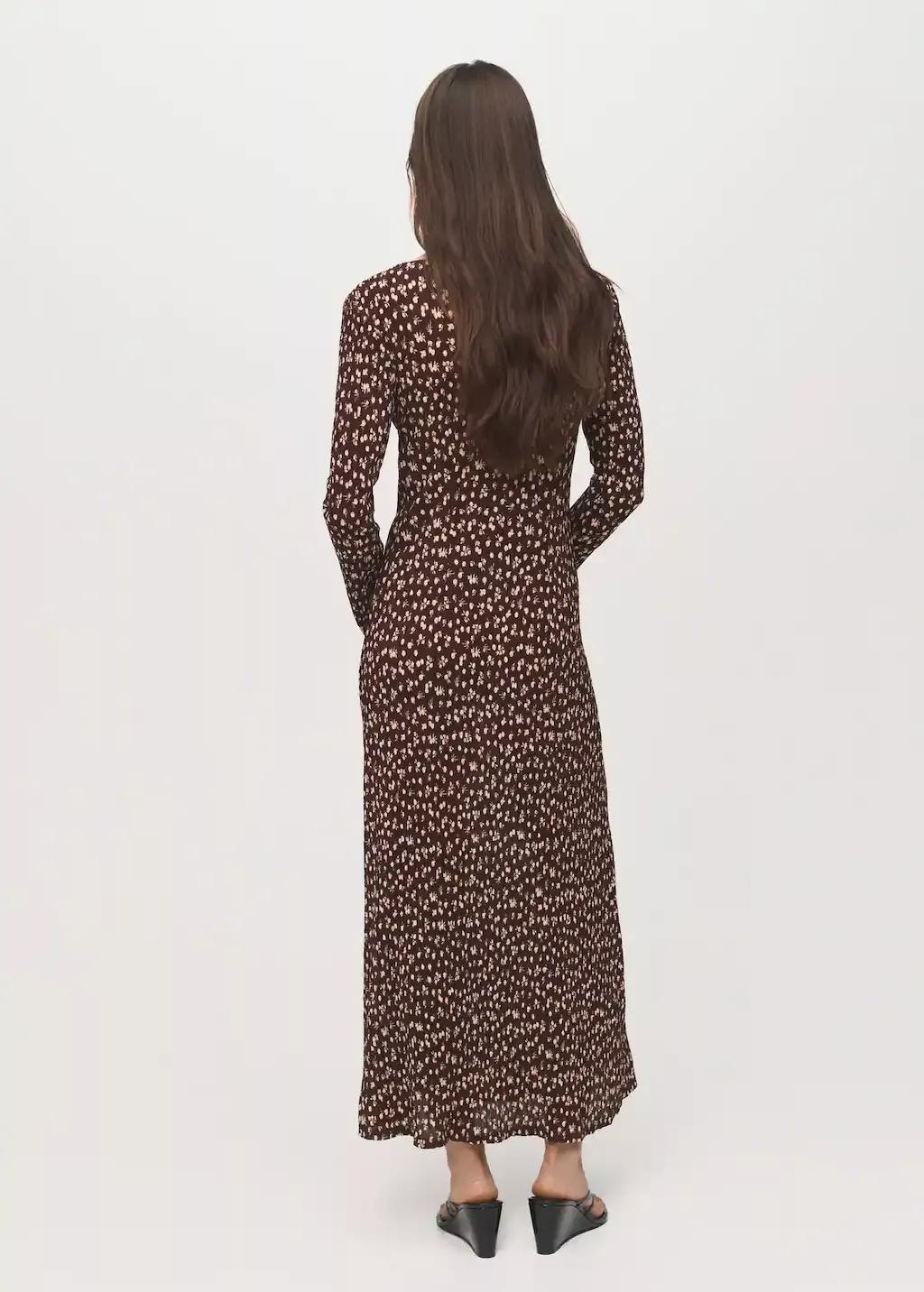 Brown Printed V-Neck Dress, Brown, large image number 4