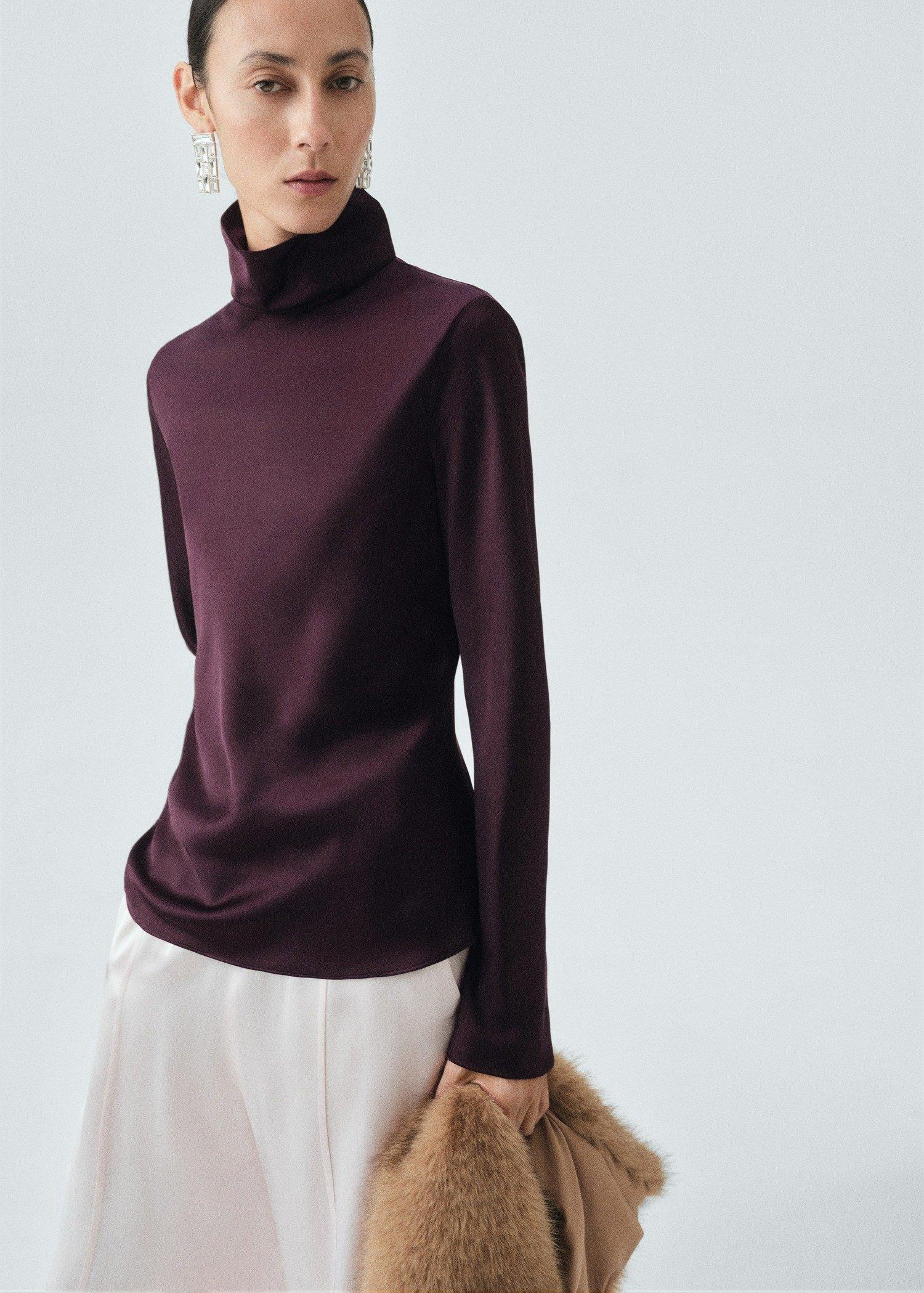 Purple Satin Turtleneck Blouse, , large image number 1