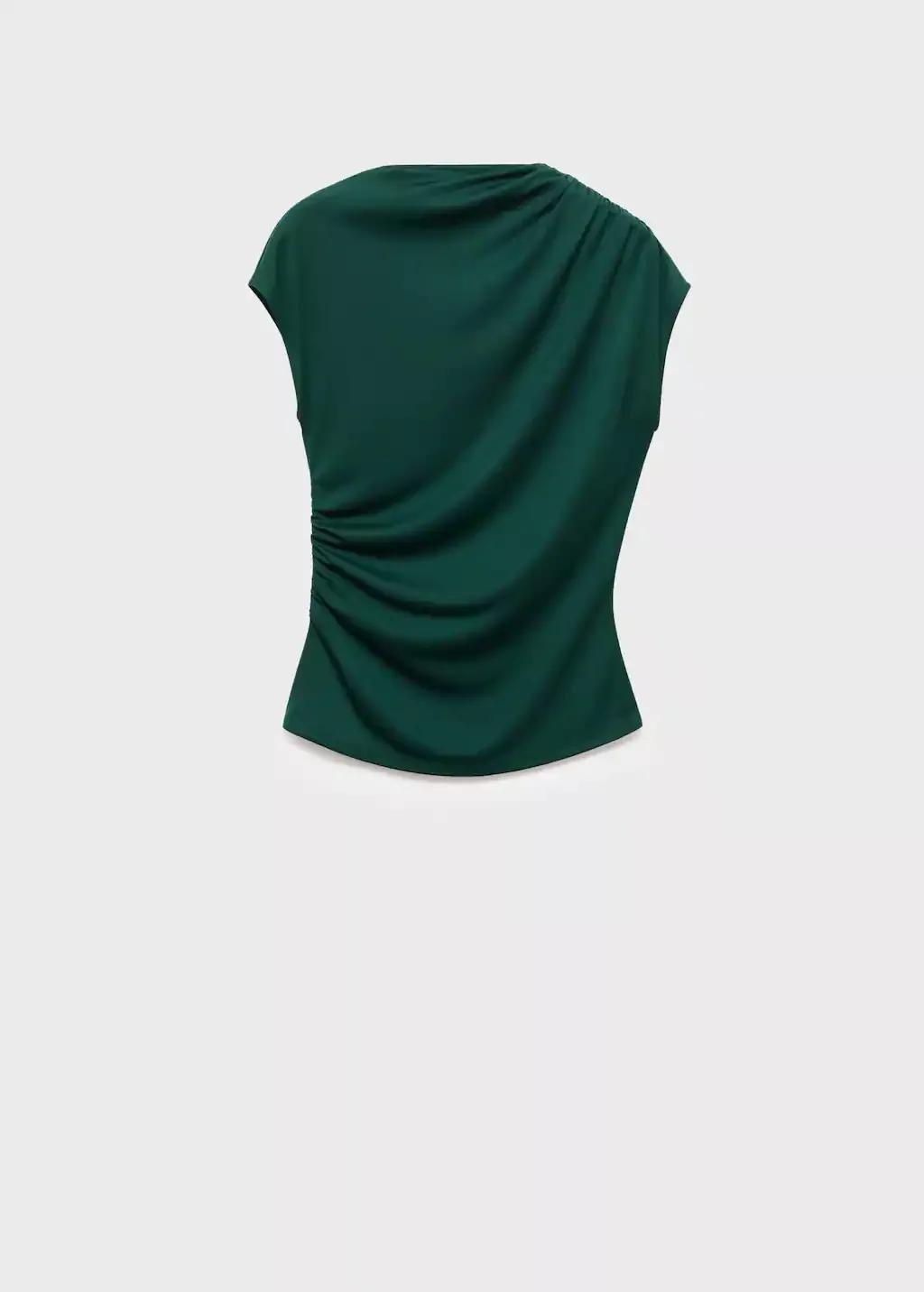Green T-Shirt With Gathered Asymmetrical Neck, Dark Green, medium
