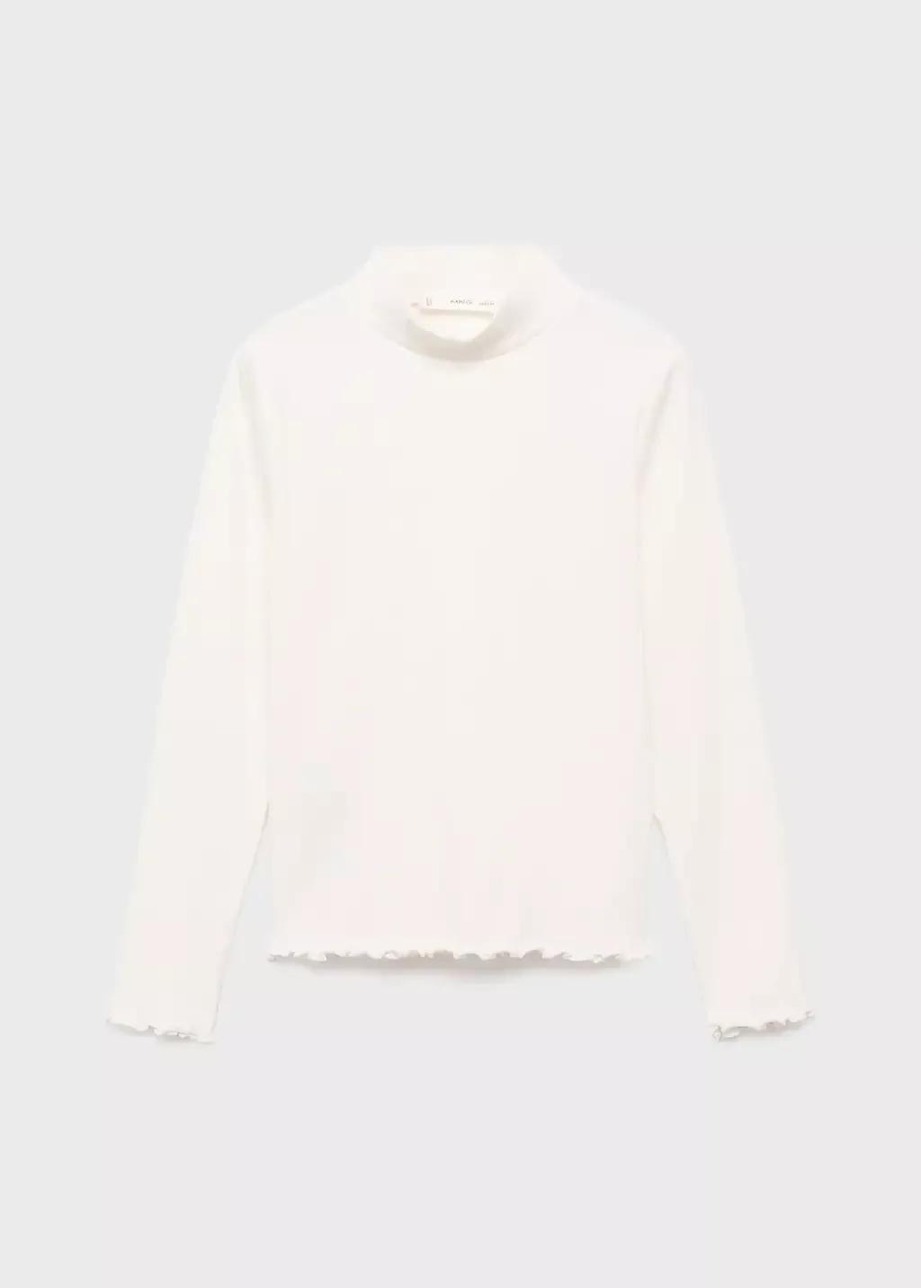 White Ribbed High Neck T-Shirt, Kids Girl, Natural White, large image number 0