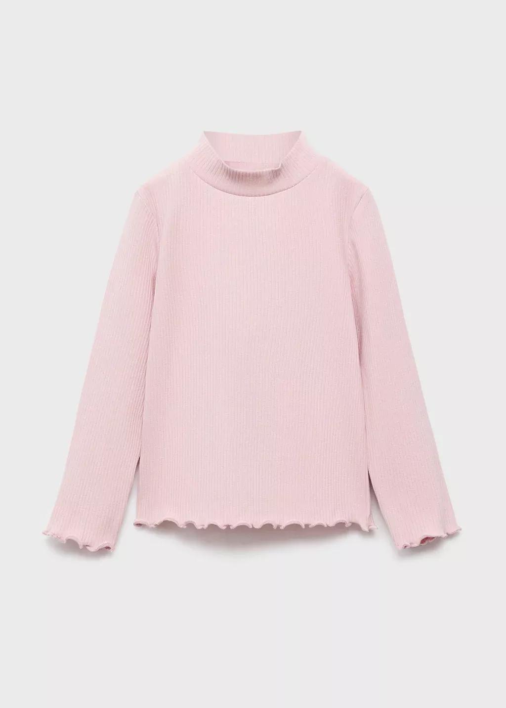 Pink Ribbed High Neck T-Shirt, Kids Girl, Pink, large image number 0