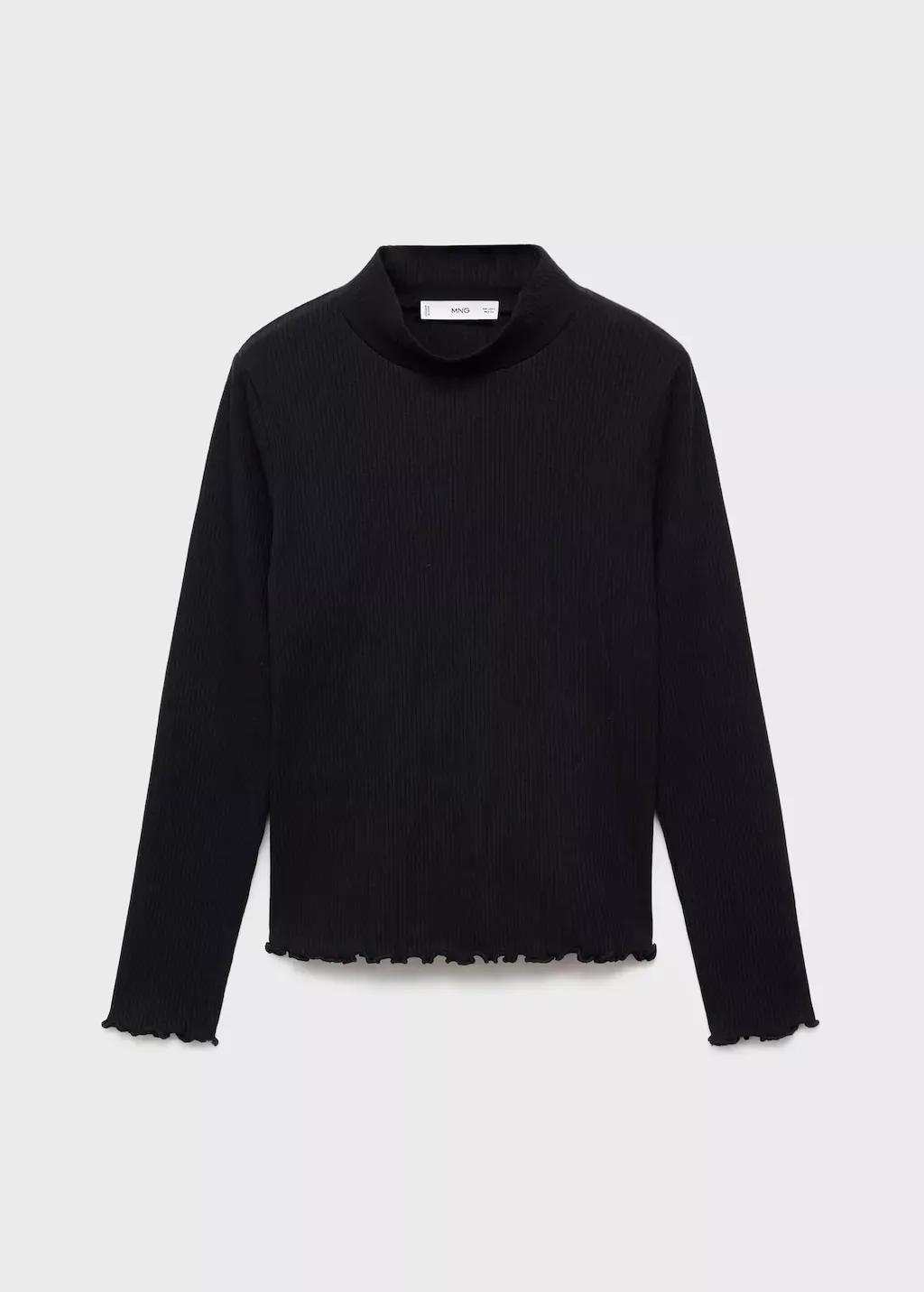 Black Ribbed High Neck T-Shirt, Kids Girl, Black, large image number 0