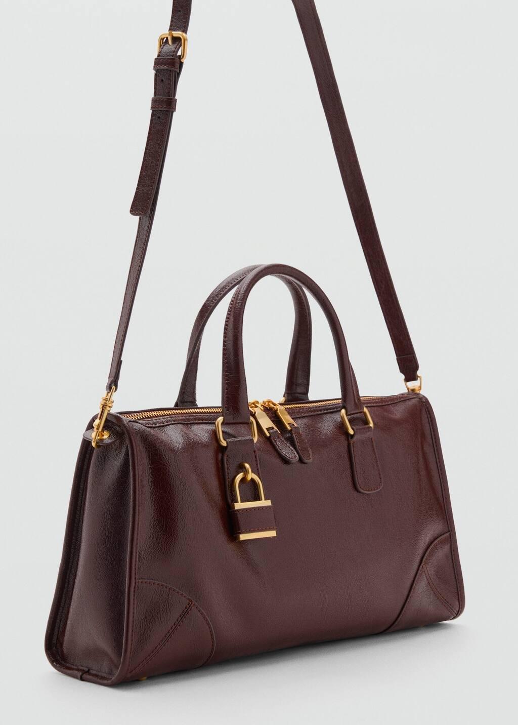 Brown Shiny Handbag With Handles, Dark Brown, medium