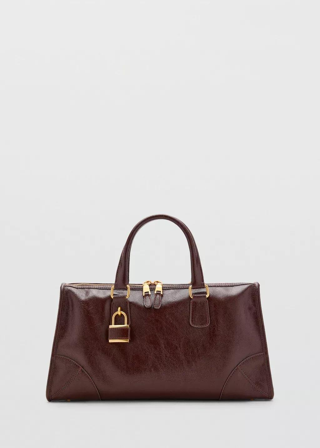 Brown Shiny Handbag With Handles, Dark Brown, large image number 3