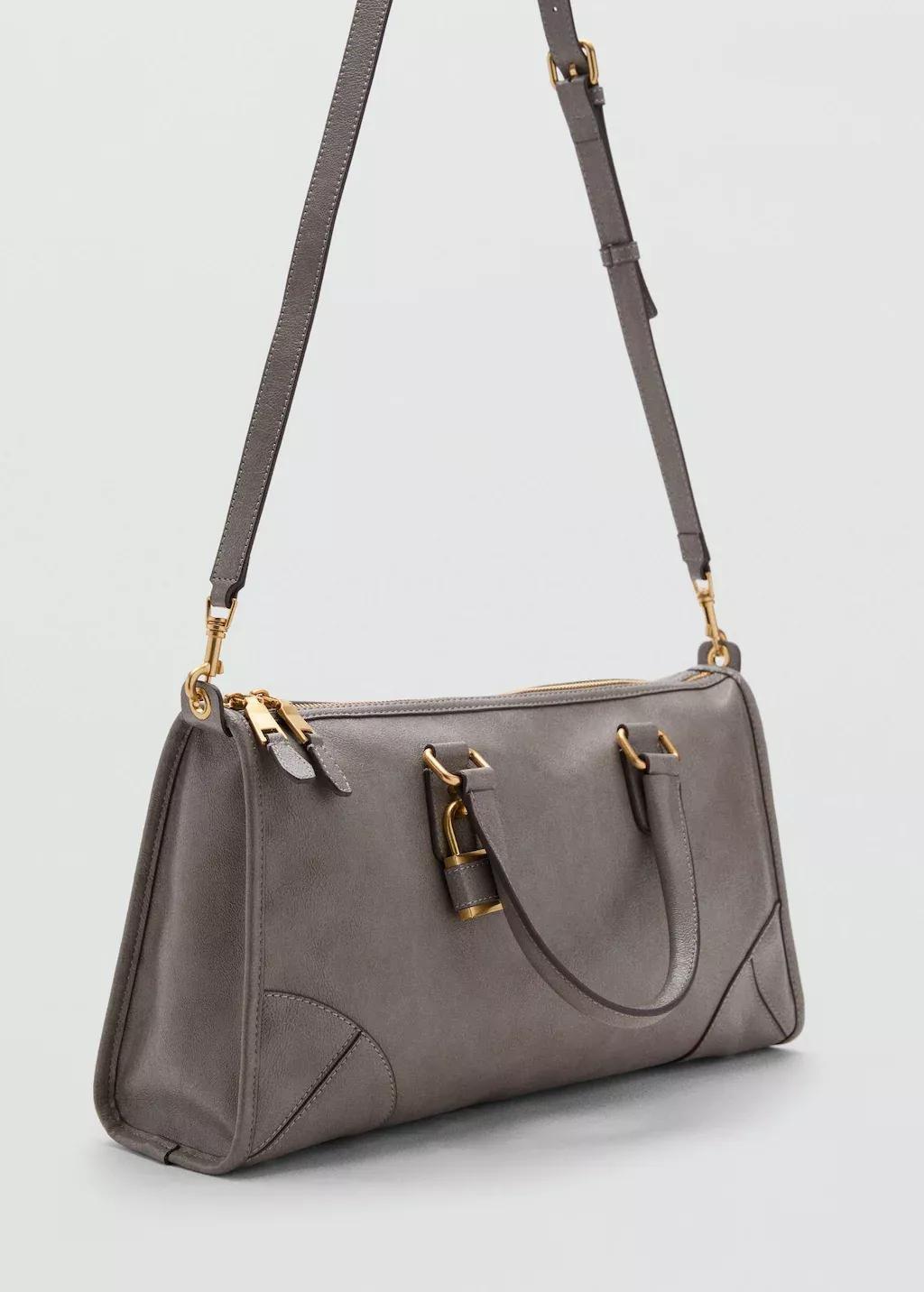 Grey Shiny Finish Handbag With Handles, Grey, medium