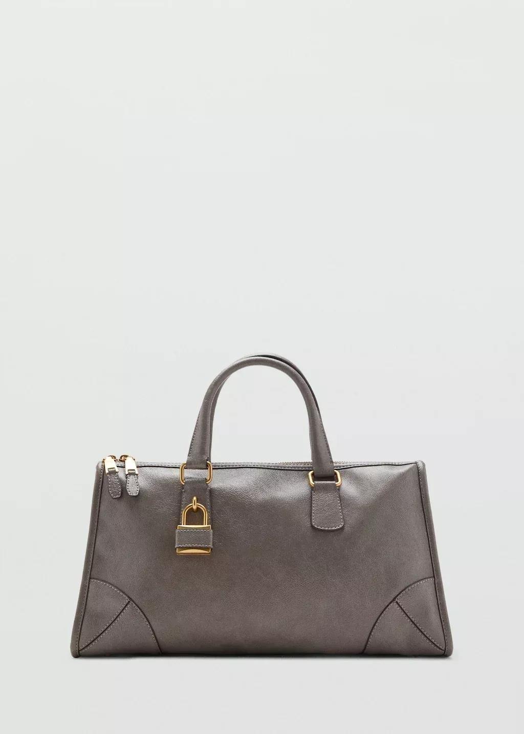 Grey Shiny Finish Handbag With Handles, Grey, large image number 3